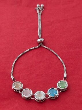 Stainless Steel Silver 5-Color Dainty Gemstone Bracelet w/Bolo Slider Clasp💚🩵💛🩷🧡